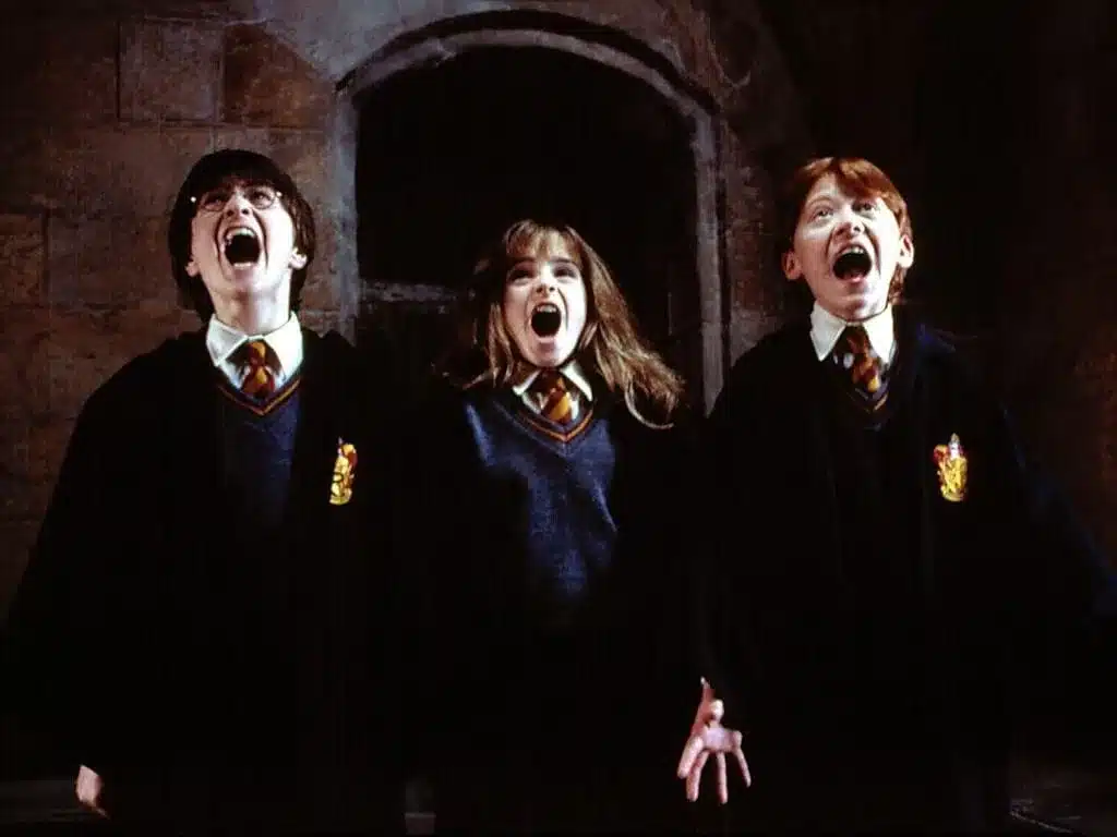 Daniel Radcliffe, Rupert Grint y Emma Watson en Harry Potter y la piedra filosofal